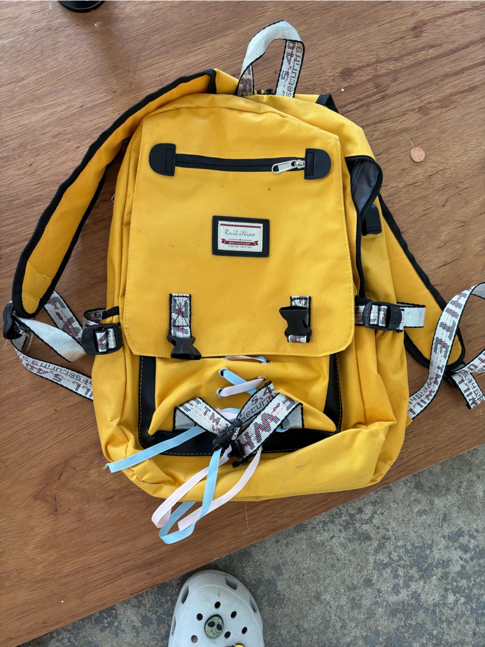 Yellow Casual Backpack with Graphic Strap Details